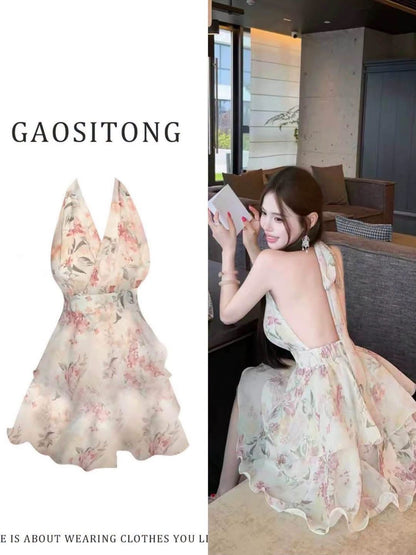 GAOSITONG Women's Summer Floral Halter Dress – Chic French-Style V-Neck, Ruffled Open-Back Slim-Fit A-Line Mini Dress