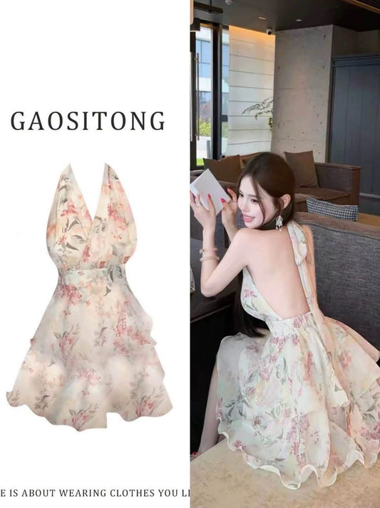 GAOSITONG Women's Summer Floral Halter Dress – Chic French-Style V-Neck, Ruffled Open-Back Slim-Fit A-Line Mini Dress
