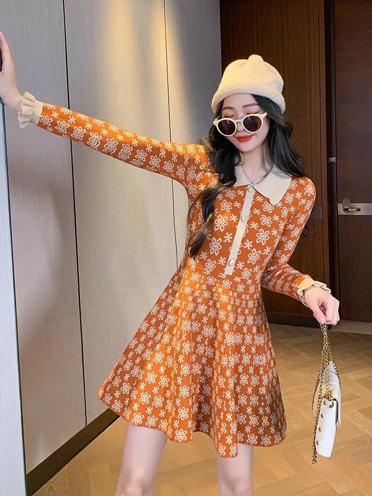 Celebrities' same knitted skirt 2023 new autumn women's doll collar long-sleeved temperament slimming bottoming dress (V5515)