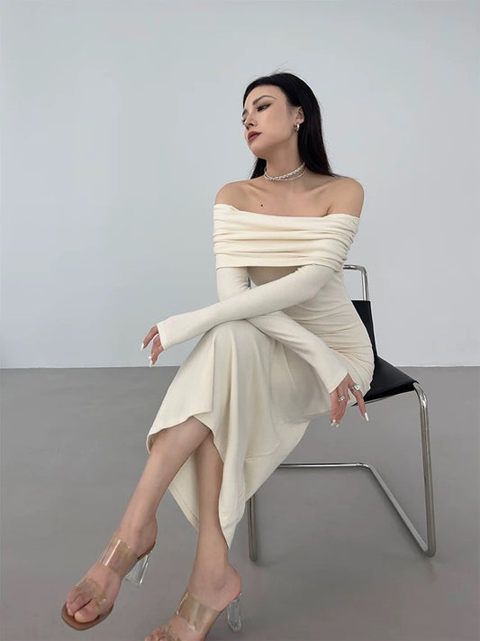 Spring, Autumn, and Winter French Queen's Tubeless One-shoulder Dress with Straps, Off-the-shoulder, Tight Fishtail, Slim-fitting Hip Skirt