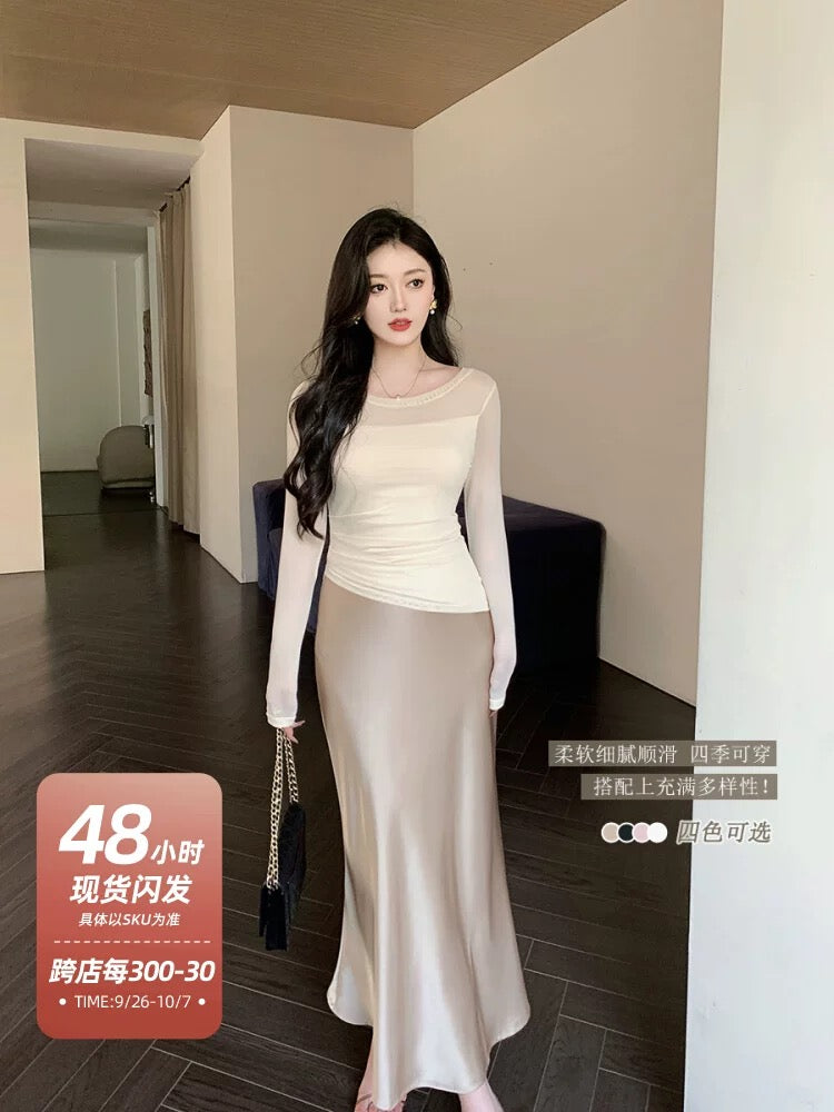 Lin Guanguan champagne imitation acetate satin skirt satin fishtail skirt white drape hip skirt