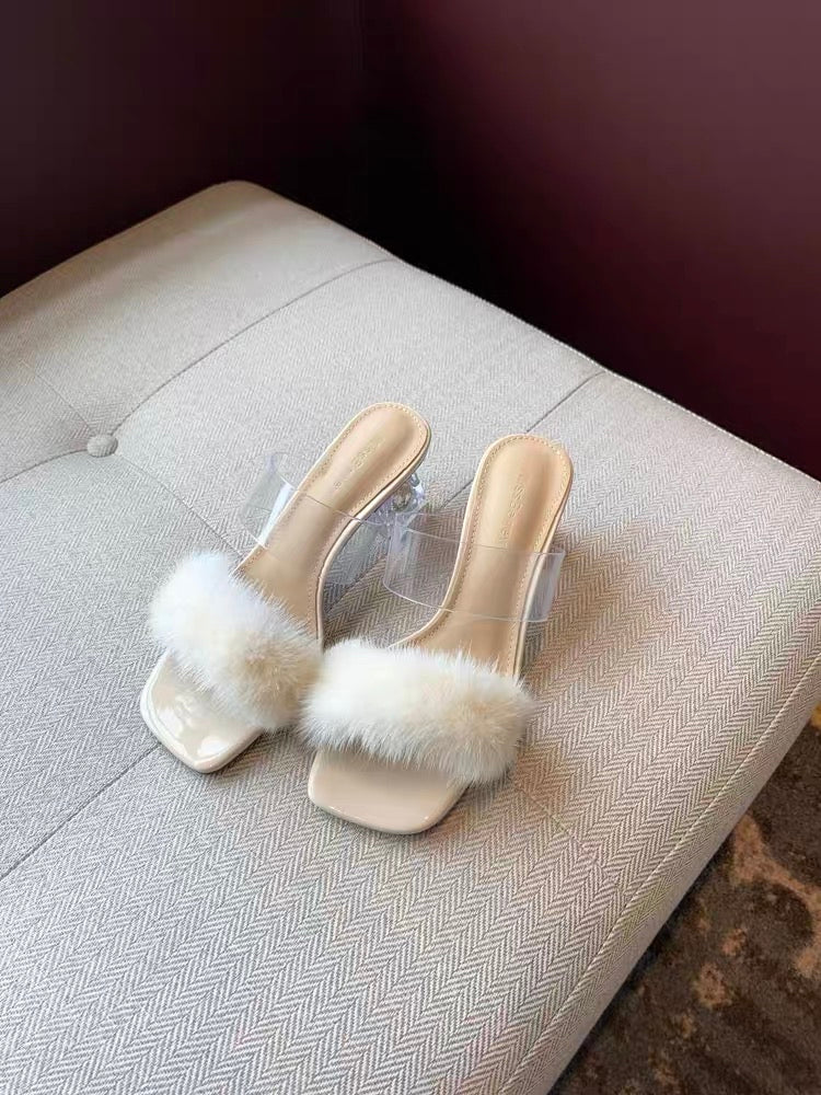 Transparent sandals for women 2023 summer new Korean style fashion mink fur one-shaped medium heel thick heel slippers women's outerwear