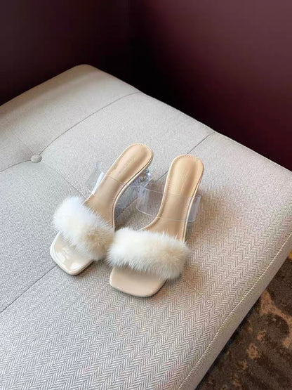 Transparent sandals for women 2023 summer new Korean style fashion mink fur one-shaped medium heel thick heel slippers women's outerwear