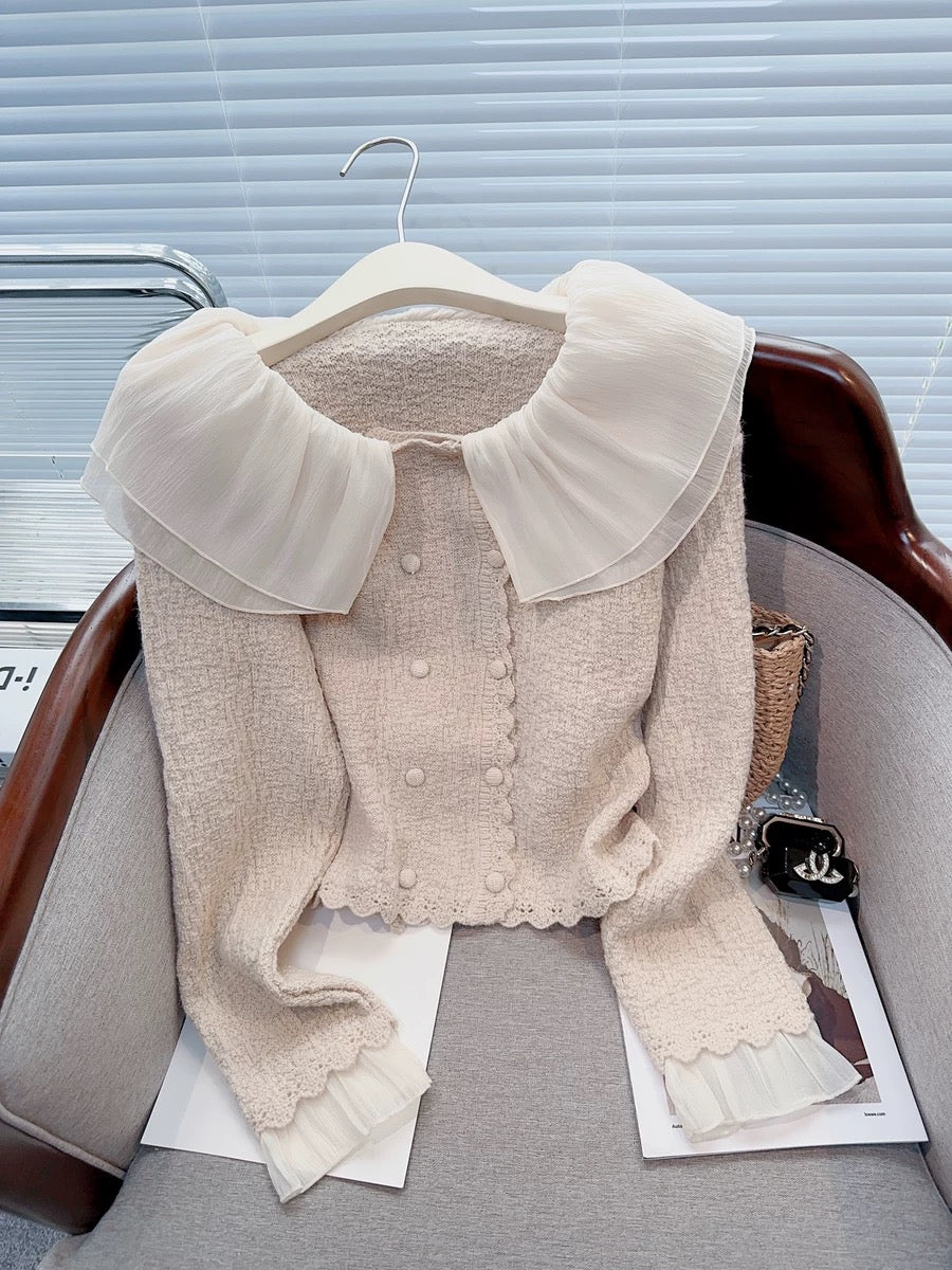 French chic and beautiful fairy splicing doll collar double-breasted short long-sleeved knitted outer top for women in autumn