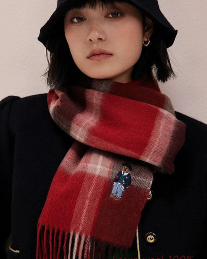 UK limited edition bear 100% Australian wool scarf retro British style men and women couple plaid thick winter