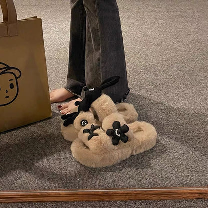 Internet celebrity Korean version of cute rabbit fur shoes for women's outerwear 2023 autumn and winter new thick-soled one-word plush cotton slippers (S0711)