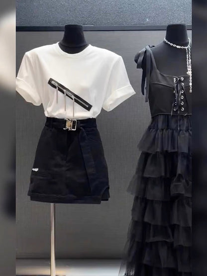 2023 summer new American style retro high waist slim denim skirt fashion all-match white T-shirt women's suit