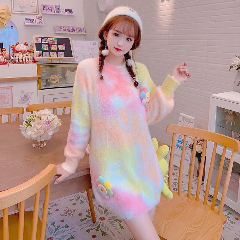 Sweet rainbow gradient mink mid-length sweater dress Korean style ins – Lee  Nhi Boutique