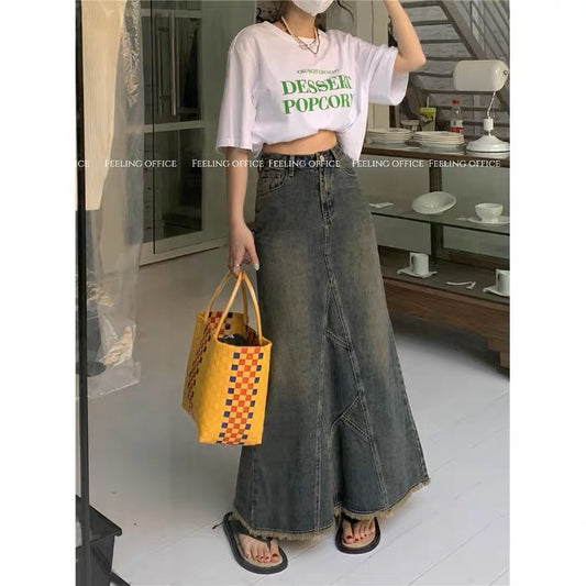 PPHOME movie heroine ~ Retro niche old raw edge high waist slimming loose fishtail denim skirt