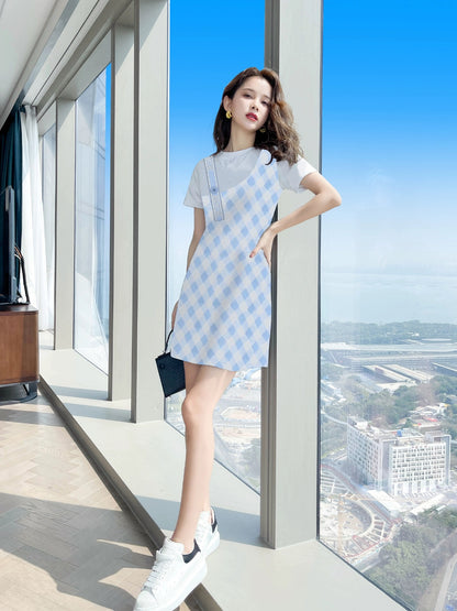 Summer skirt summer women 2024 new fake two-piece women's clothing blue casual slim petite dress summer clothing