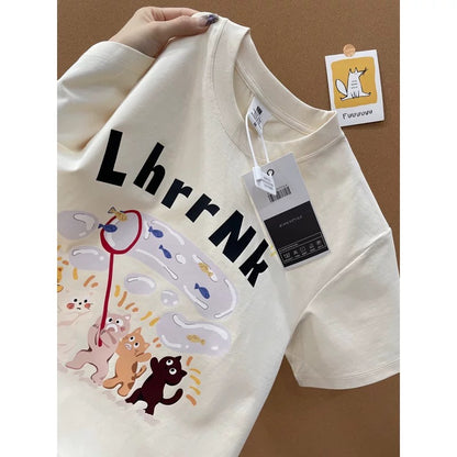 American style ins three bears printed cotton short-sleeved T-shirt men and women summer heavyweight all-match loose couple tops