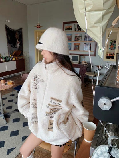 Earth Store white cartoon printed grain velvet thick coat women's autumn and winter loose polar fleece cardigan top with high quality