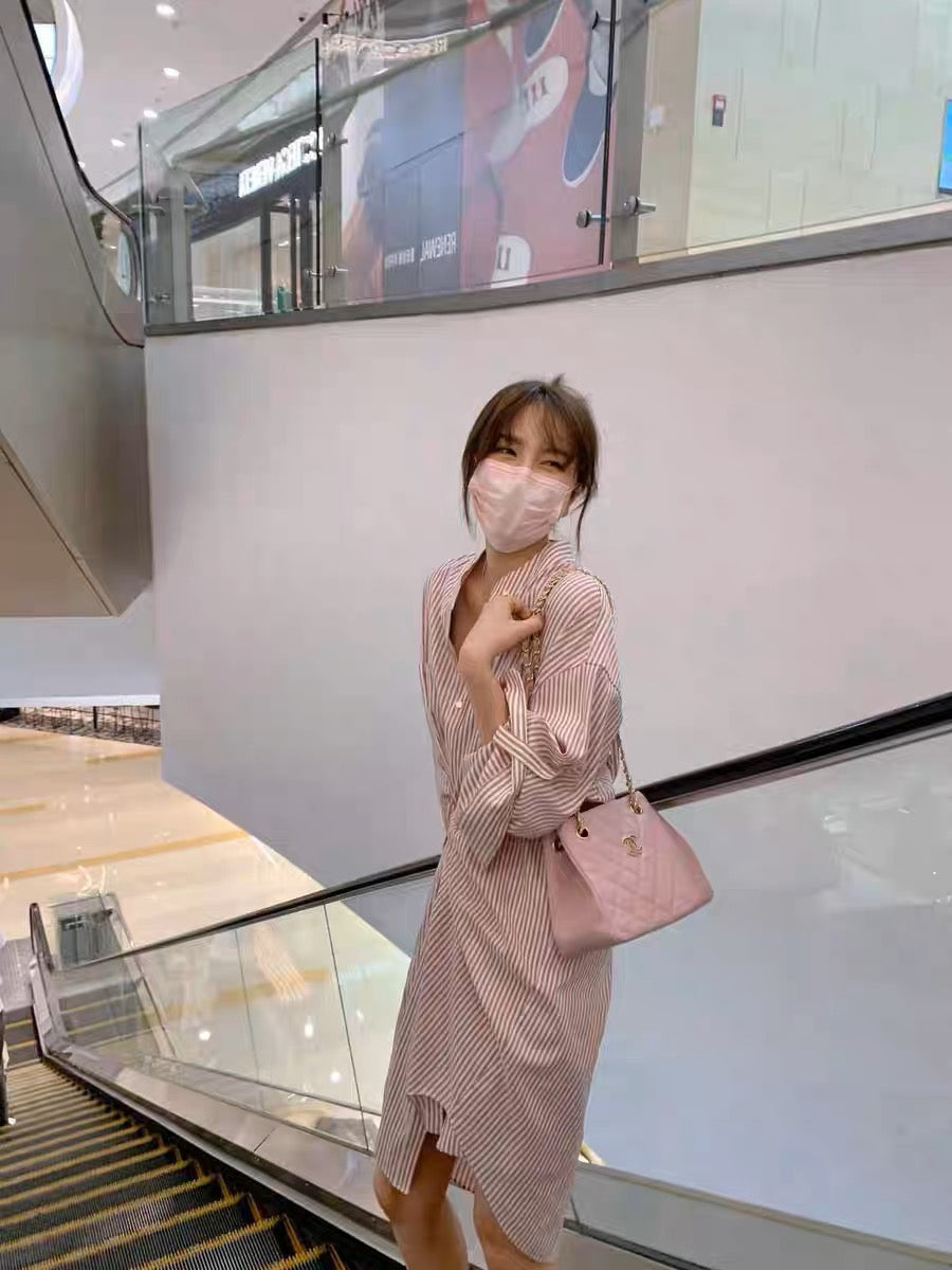 New spring and autumn French sweet age-reducing pink striped shirt skirt design irregular pleated dress