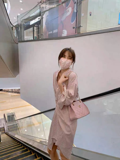 New spring and autumn French sweet age-reducing pink striped shirt skirt design irregular pleated dress
