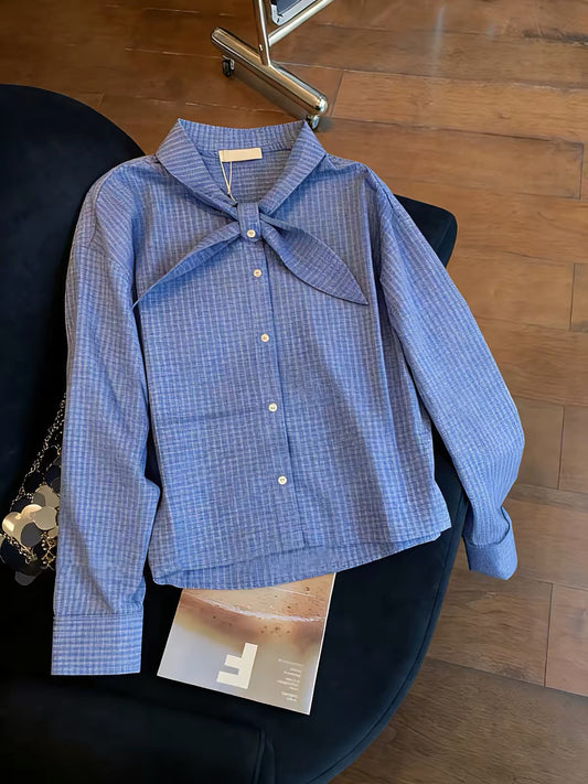 Korean-style niche design blue plaid long-sleeve shirt with ribbon ties; a stylish, versatile, and youthful-looking piece perfect for spring and autumn.