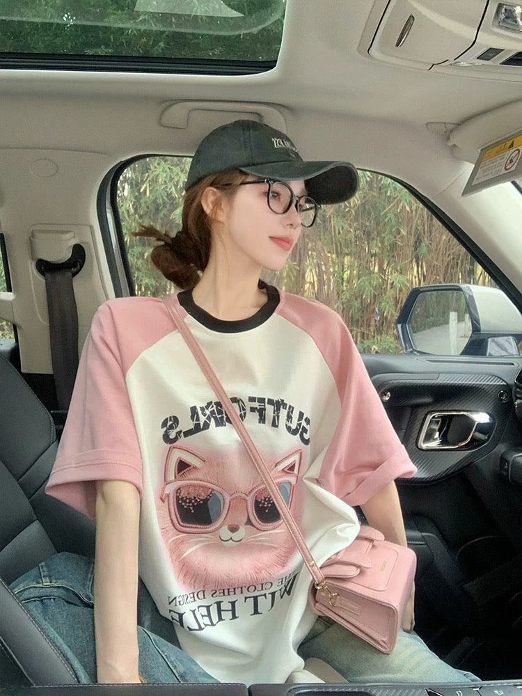 Pink raglan short-sleeved T-shirt for women in summer American loose sequined cat heavy print European goods large version top trend