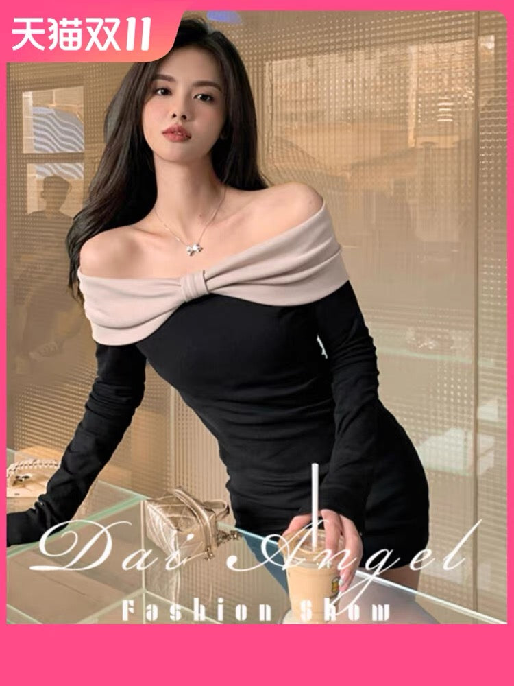 Hot and sexy design, contrasting bow strapless dress, sexy slim fit, hip-hugging, one-shoulder little black dress for autumn A2285