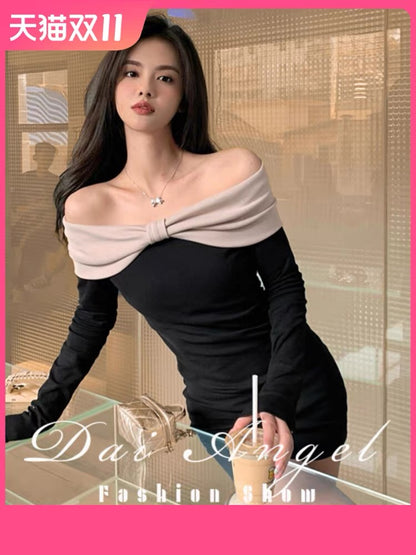 Hot and sexy design, contrasting bow strapless dress, sexy slim fit, hip-hugging, one-shoulder little black dress for autumn A2285