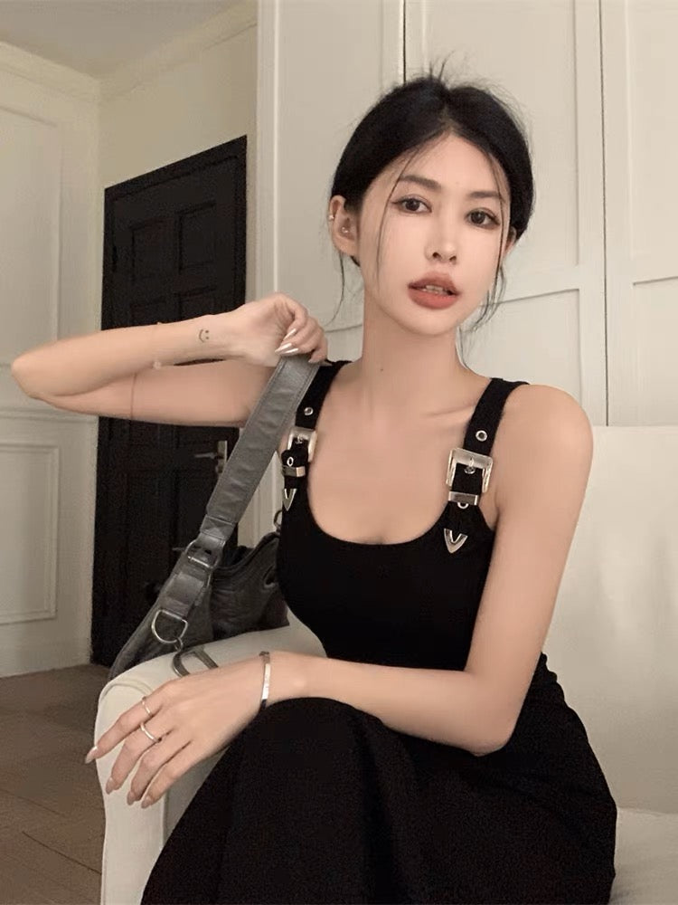 American workwear buckle suspender dress for women summer waist slit vest long skirt sweet hottie black a-line skirt