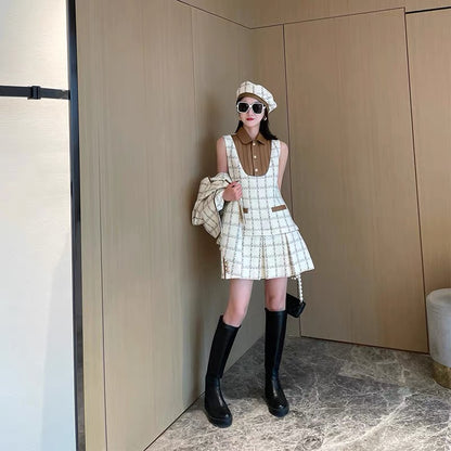 Light luxury and high-end white plaid suit suit casual fashion small fragrance cold style women's dress early autumn