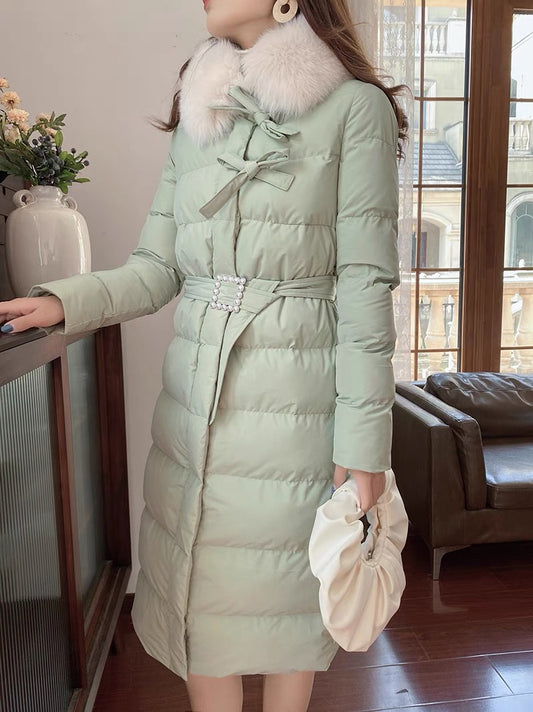 Nori gentle and ladylike winter down-padded jacket for women, retro genuine fox fur collar, lace-up waist coat