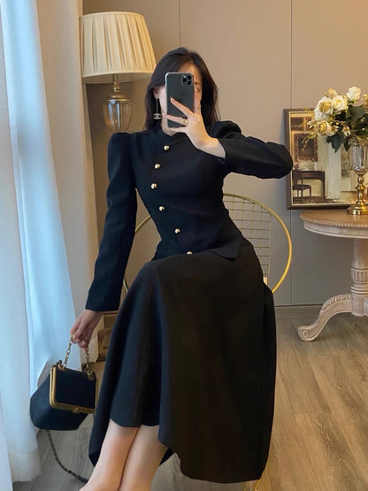 Xiaoxiang style temperament two-piece suit women's autumn clothes new foreign style French retro Hepburn style black dress long skirt