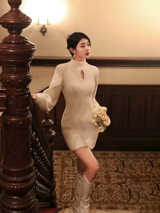 Thirteen and Little White Knitted Dress for Women in Autumn and Winter Half Turtle Neck with Balloon Sleeves and French Style Hip Skirt