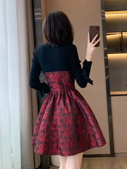 New autumn and winter high-end French style beautiful long-sleeved splicing dress for small women slimming tall red short skirt