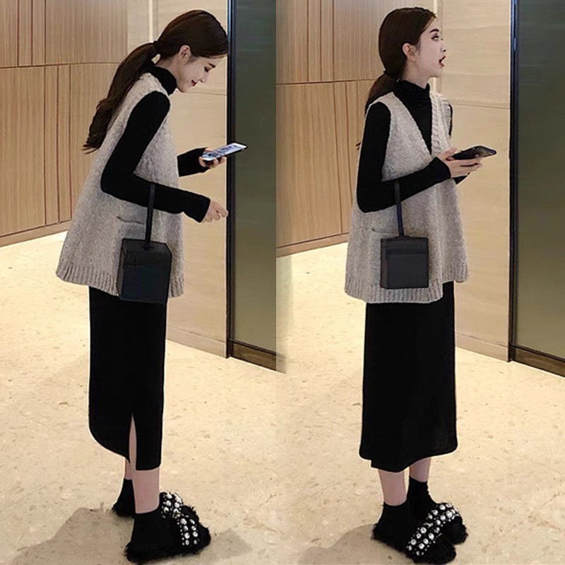 Internet celebrity pregnant women autumn clothing set 2023 new autumn clothing pregnancy belly cover dress large size long skirt sweater two-piece winter set