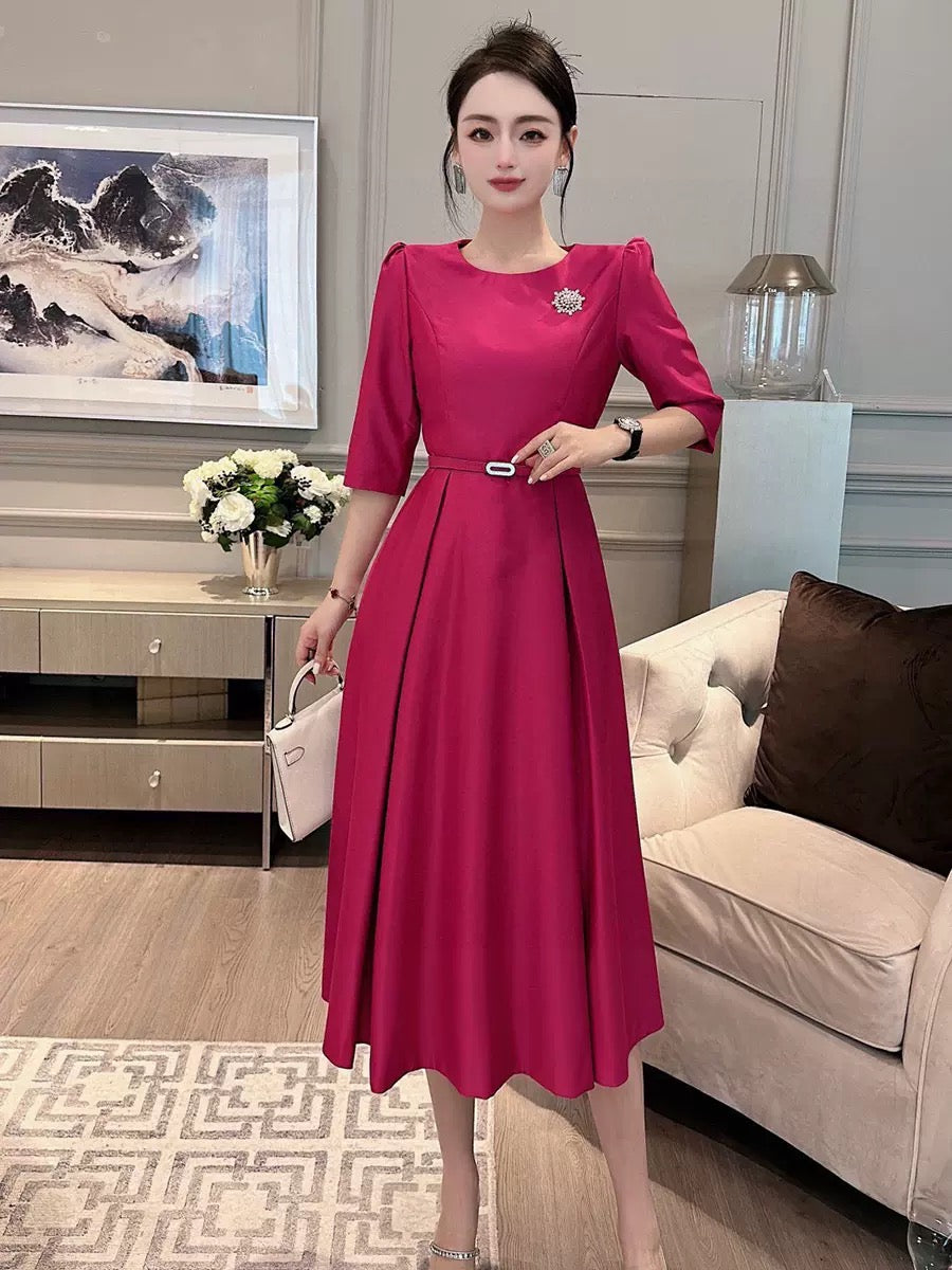 2023 Spring and Autumn French Style Mid-Length Fashionable Rose Red Elegant Red Dress with Waist and Swing Swing