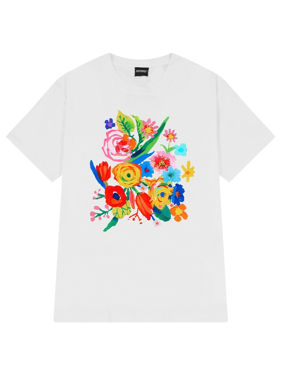 2024 summer new men's and women's short-sleeved T-shirts trendy fashion floral casual cotton round neck tops T-shirts