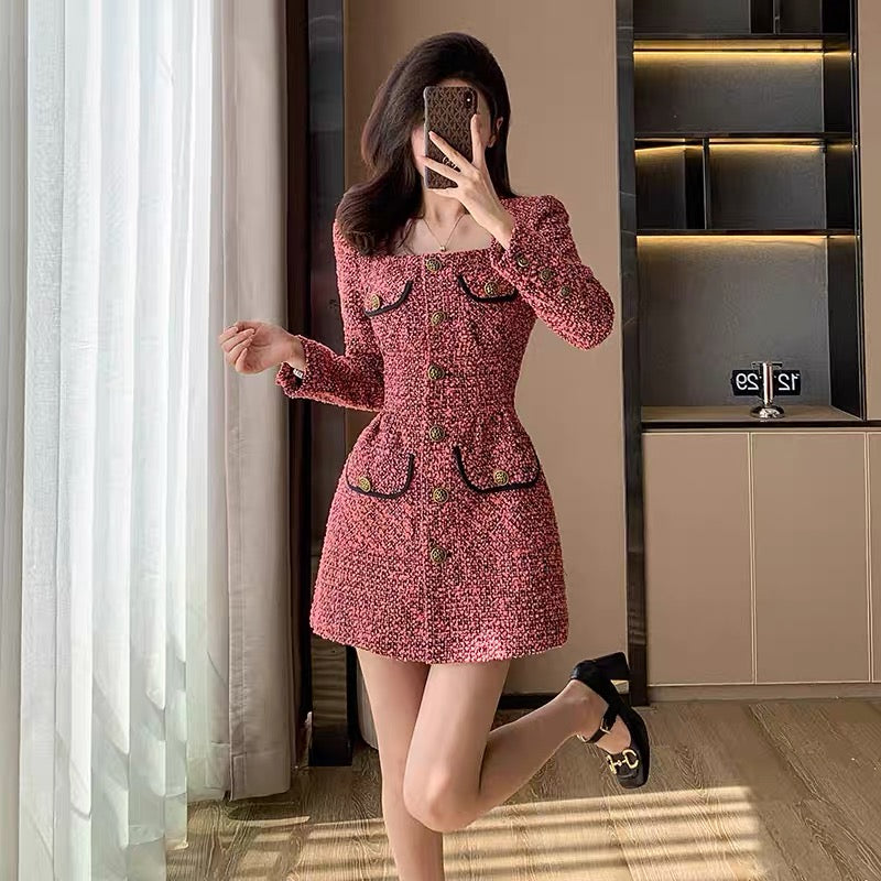 High-end red tweed small fragrant dress for women autumn 2023 new style small New Year skirt retro