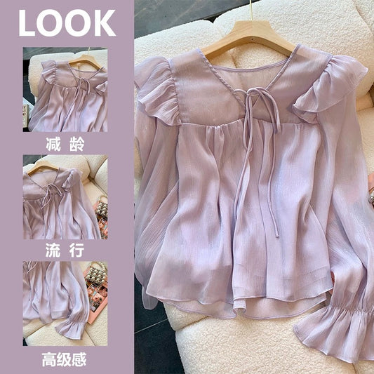 Cut label women's clothing authentic tail goods luxury big-name purple chiffon shirt women's summer 2023 new sweet loose top