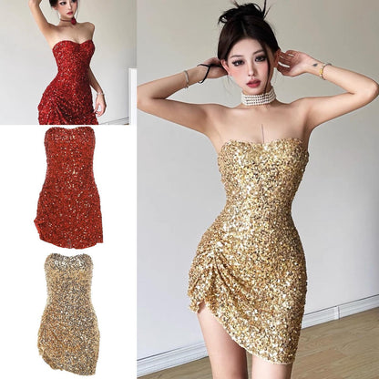 Weird girl, abstinent niche homemade sequined tube top dress with white temperament, slim fit and hip-hugging skirt