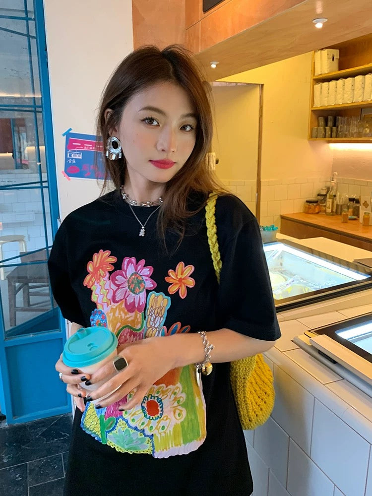 Luoluo Xianjie girls short-sleeved T-shirt female summer top design niche white 2024 new round neck