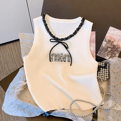 Light luxury sequined diamond-studded vest women's summer careful machine strap digging shoulder top stitching lace lace sleeveless T-shirt