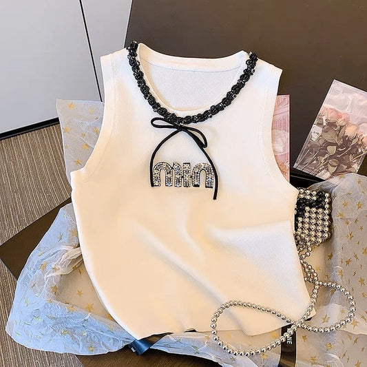 Light luxury sequined diamond-studded vest women's summer careful machine strap digging shoulder top stitching lace lace sleeveless T-shirt
