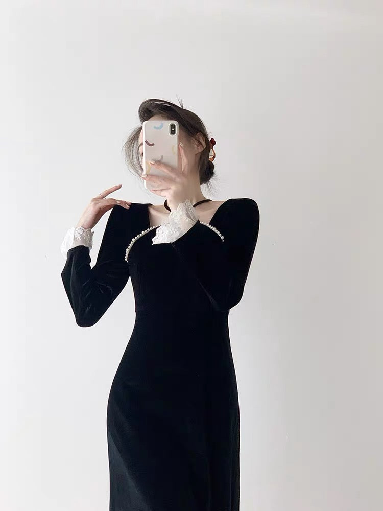Hepburn style black velvet dress for women autumn new fashion temperament high-end French banquet dress long skirt