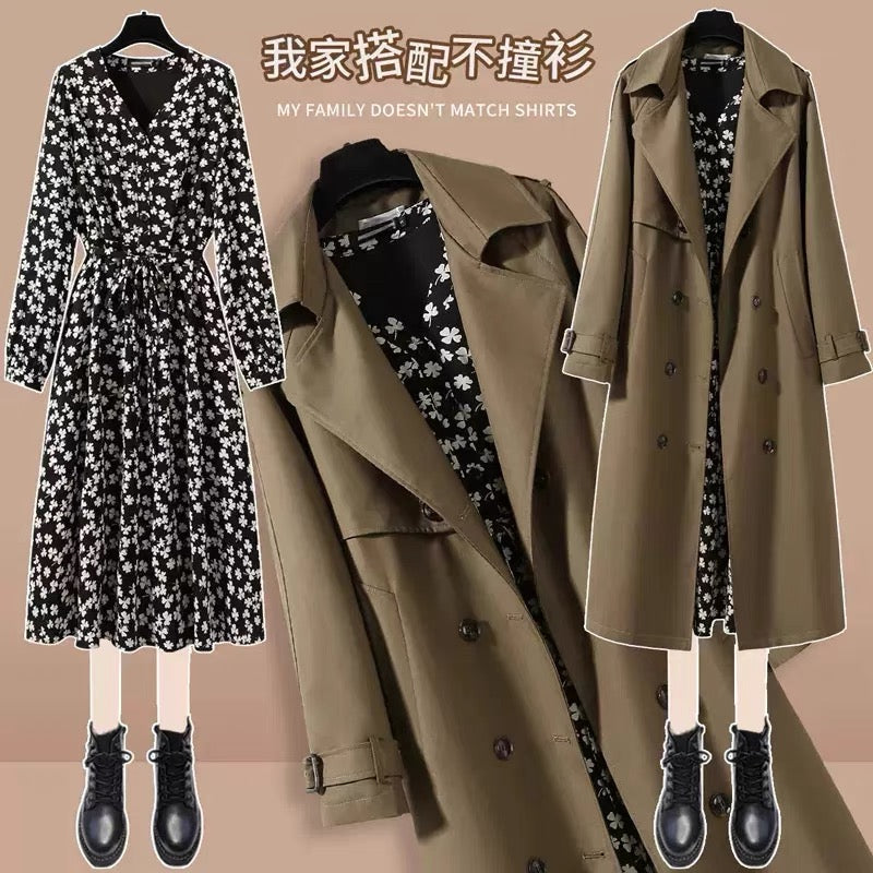 High-end peacock green windbreaker jacket for women 2023 spring and autumn temperament dress and coat British style two-piece set (S0341)