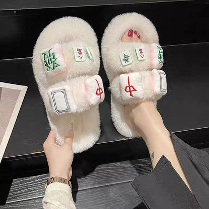 2023 European hot-selling furry slippers for women's outerwear autumn and winter new indoor home thick-soled mahjong cotton slippers with a high-end feel