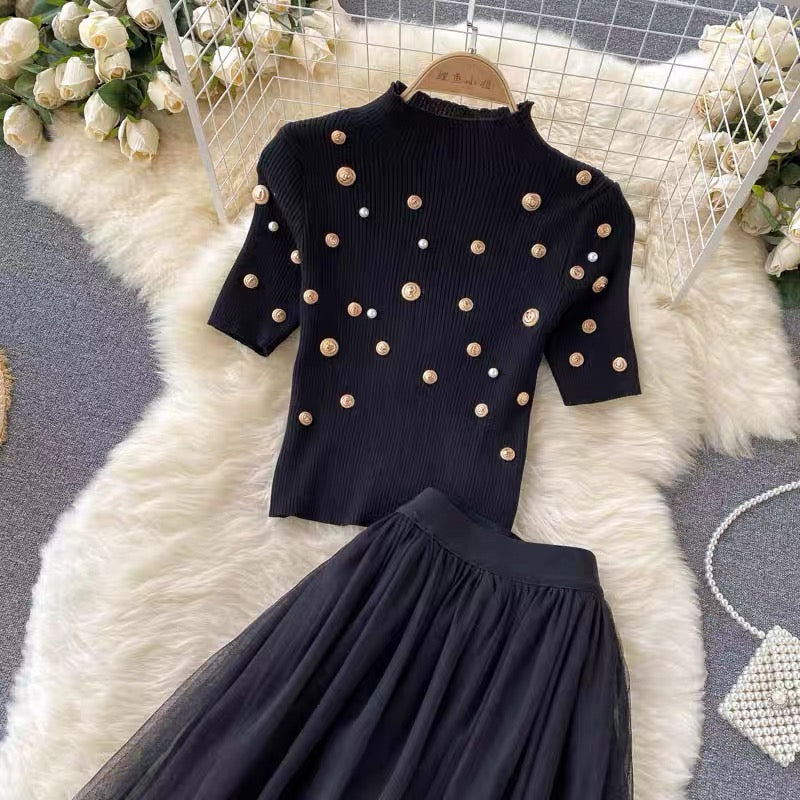 Autumn suit for women, knitted short-sleeved top, heavily beaded, slim fit, versatile mesh skirt, stylish two-piece set (S0993)