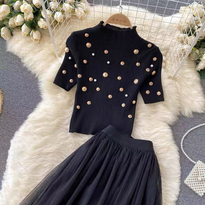 Autumn suit for women, knitted short-sleeved top, heavily beaded, slim fit, versatile mesh skirt, stylish two-piece set (S0993)