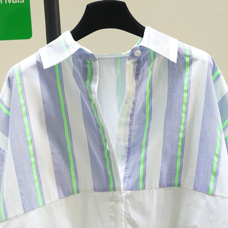 Design sense splicing striped shirt women 2024 spring new loose casual large size shirt comfortable versatile top