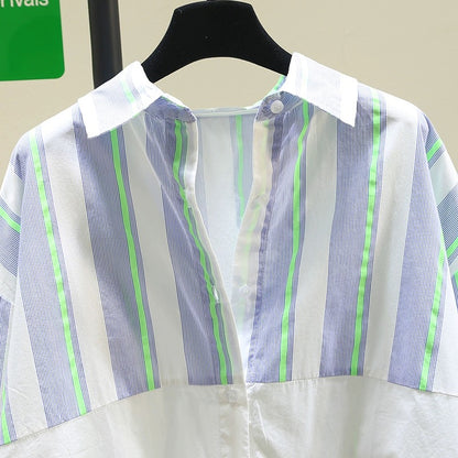 Design sense splicing striped shirt women 2024 spring new loose casual large size shirt comfortable versatile top