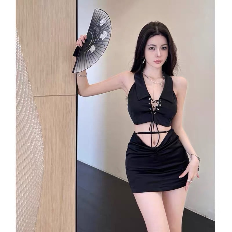 Pure desire high-end sexy chic hanging neck halter top American sweet hot girl two-piece suit short skirt female summer small man