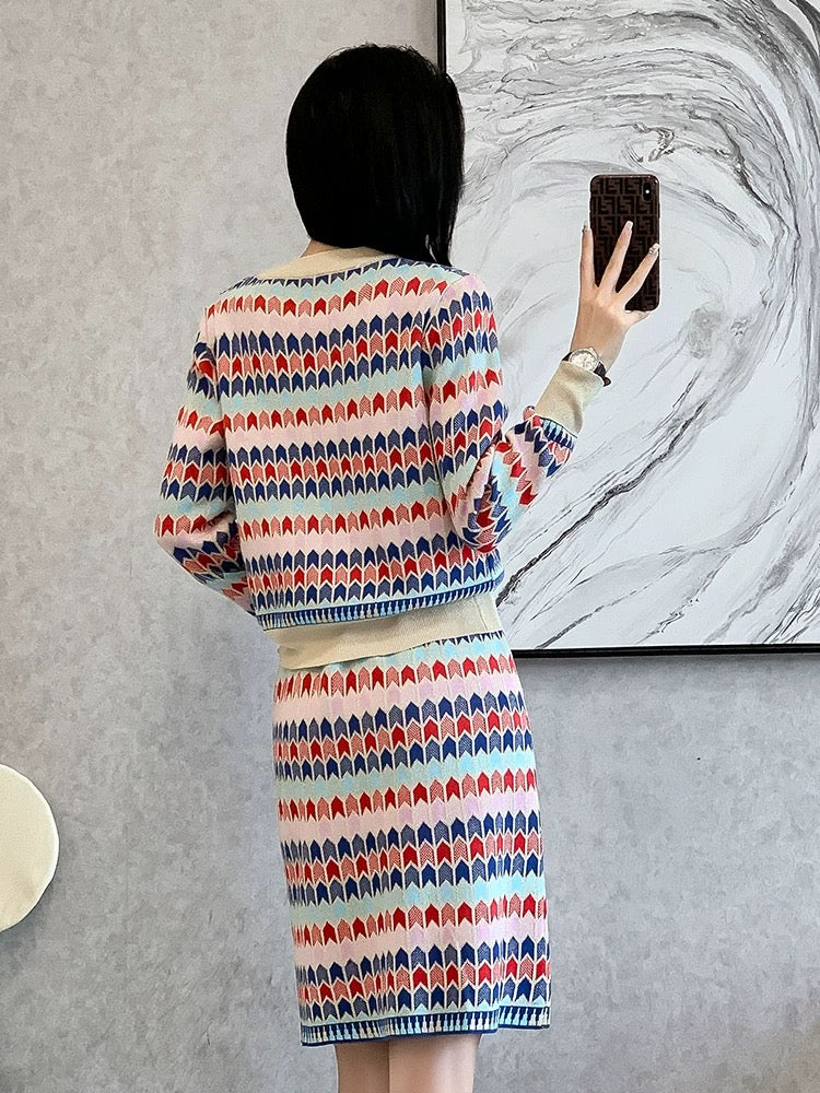 Autumn and winter new style French style knitted fashion suit skirt women's slim slimming colorful temperament two-piece skirt