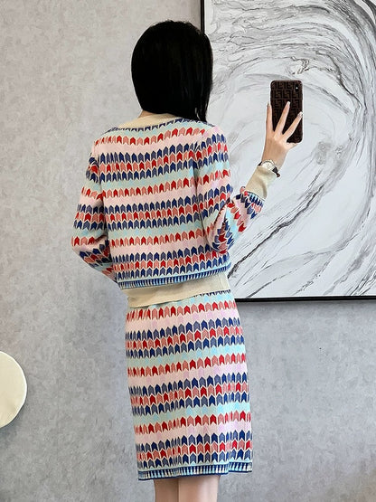 Autumn and winter new style French style knitted fashion suit skirt women's slim slimming colorful temperament two-piece skirt