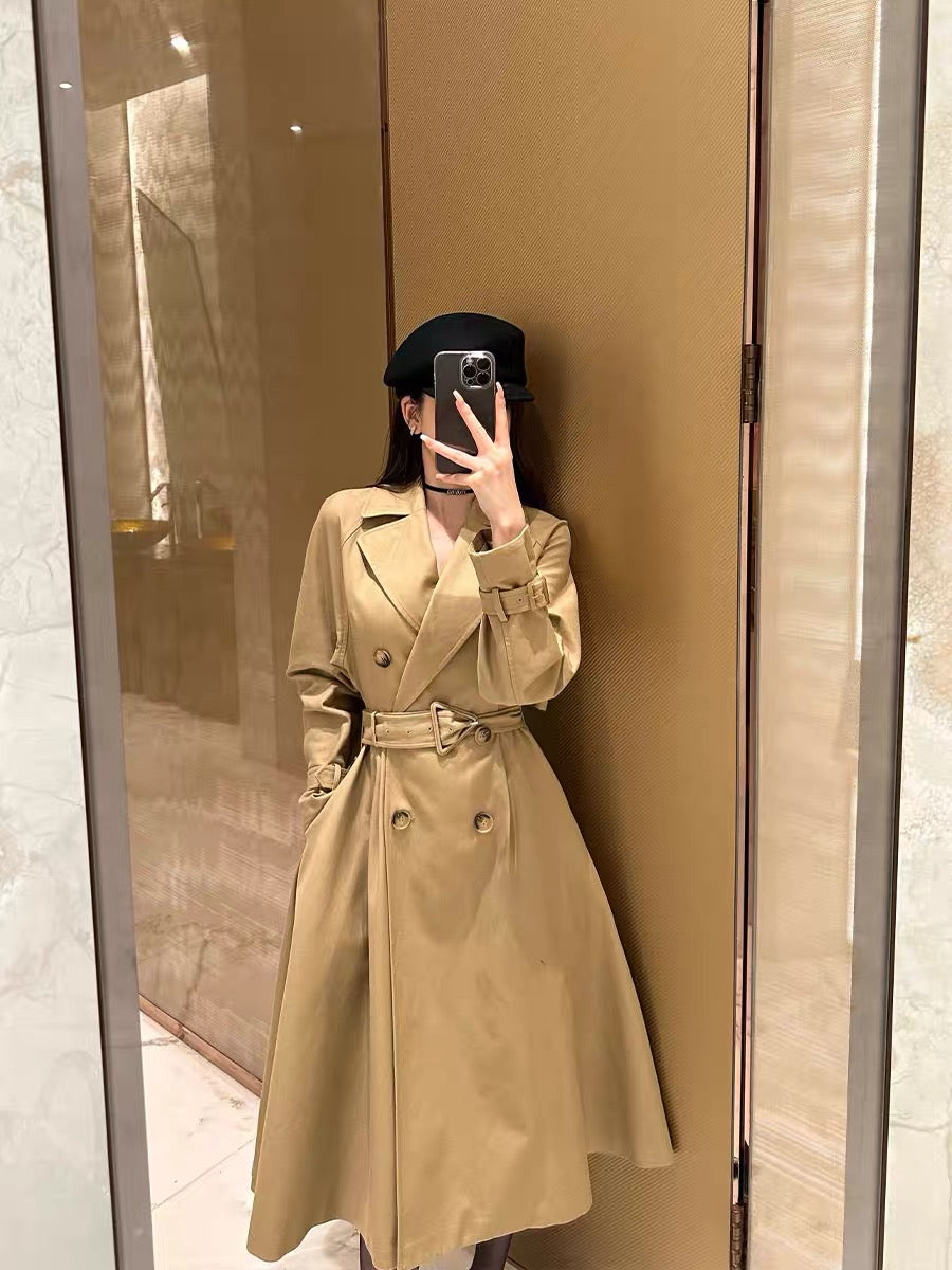 Shanxi said khaki high-end temperament pure cotton belt waist double-breasted raglan sleeves long windbreaker jacket for women (B8896)