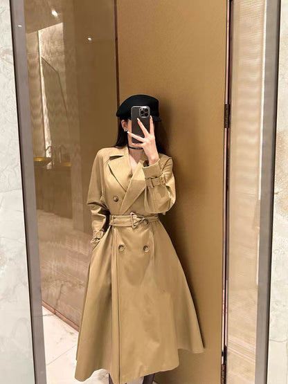 Shanxi said khaki high-end temperament pure cotton belt waist double-breasted raglan sleeves long windbreaker jacket for women (B8896)