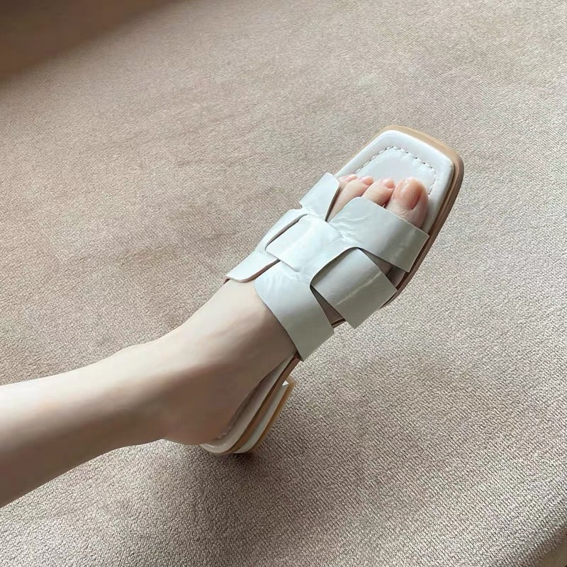 Super soft~comfortable one-word slippers genuine leather flat heel H sandals and slippers women's summer wear high-end ins fairy style new style